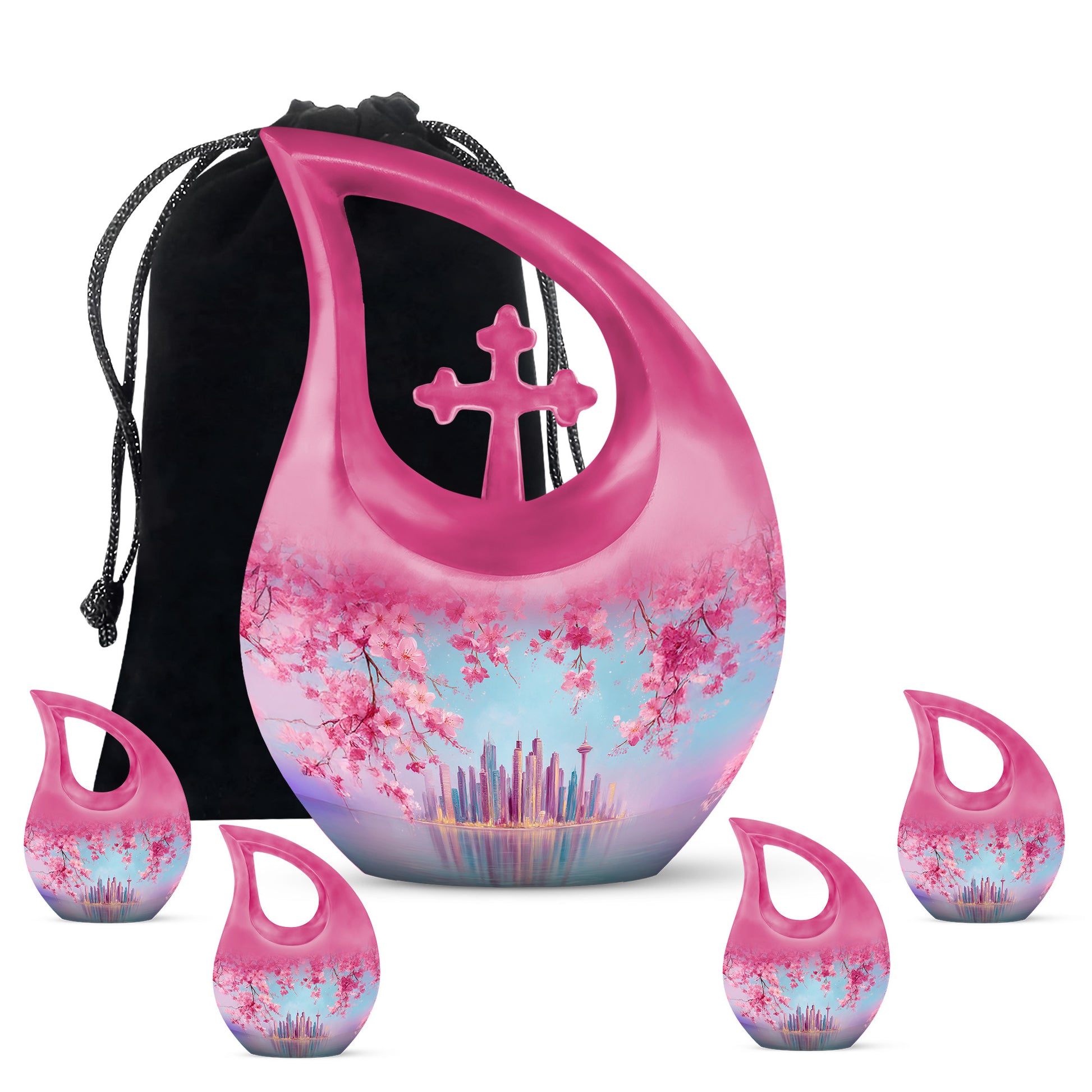 Sky Blue Cherry Blossom Cremation Urn urn with complimentary velvet bag - cross and cherry blossom combined in spiritual memorial design - memorial set with one large and four small urns