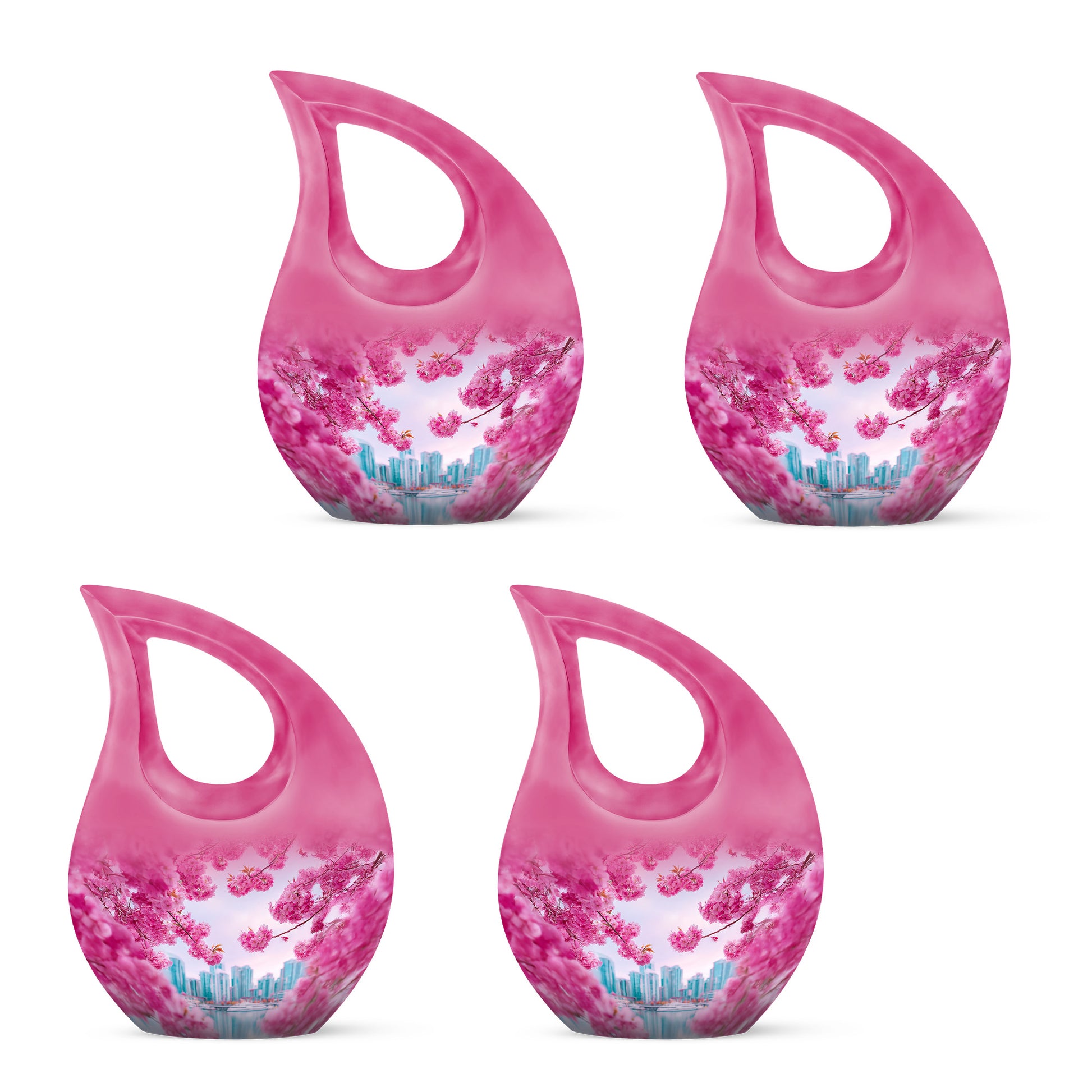 Pastel Pink Cherry Blossom Cremation Urn lifestyle display on memorial shelf - cross and cherry blossom combined in spiritual memorial design - 10 inch aluminum urn for cremated remains
