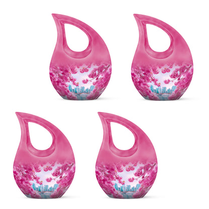 Pastel Pink Cherry Blossom Cremation Urn lifestyle display on memorial shelf - cross and cherry blossom combined in spiritual memorial design - 10 inch aluminum urn for cremated remains