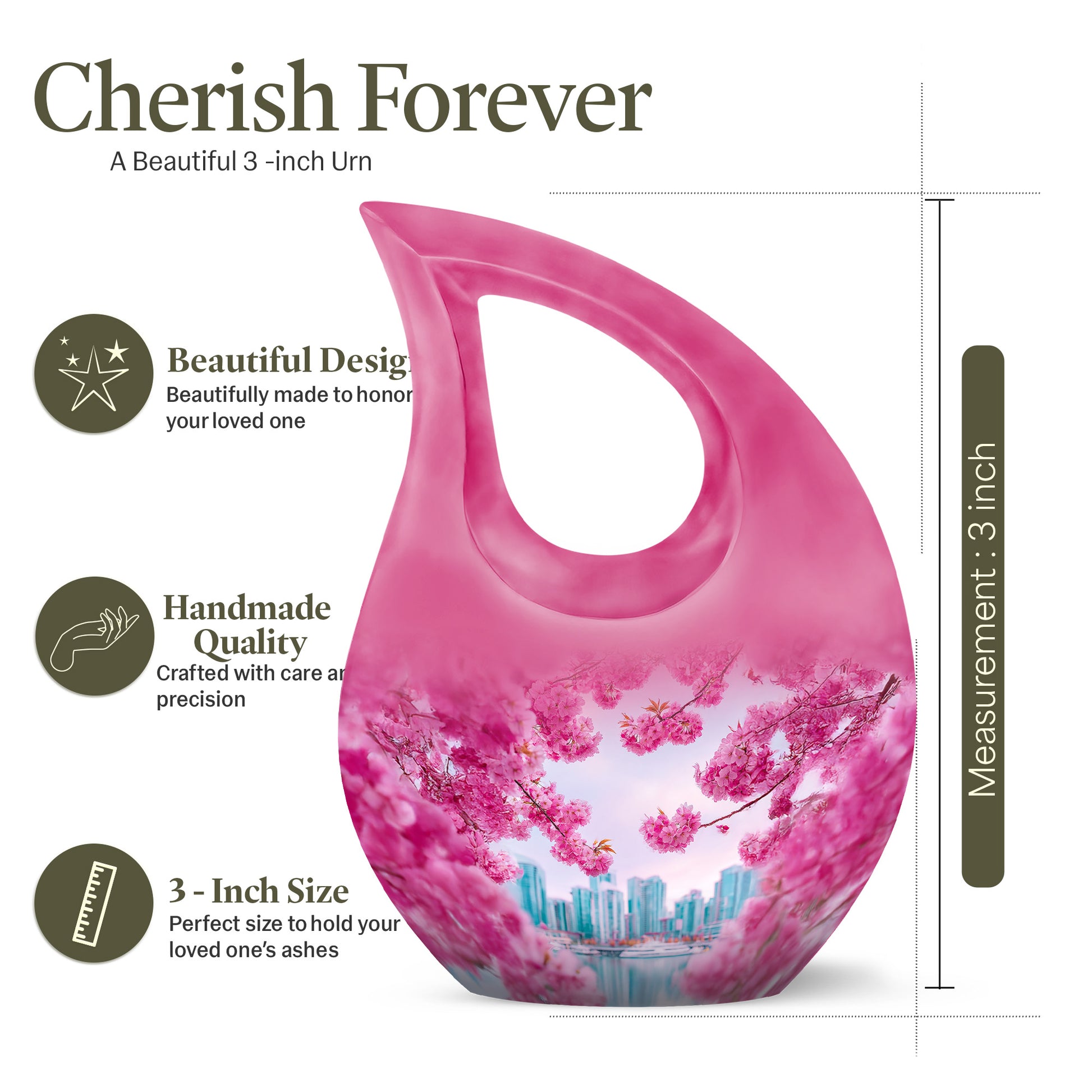 Pastel Pink Cherry Blossom Cremation Urn back view with polished surface - cross and cherry blossom combined in spiritual memorial design - mini keepsake memorial for portion of cremation ashes