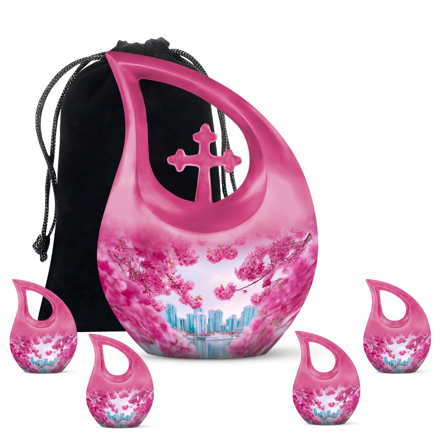 Blush Pink Cherry Blossom Cremation Urn urn with complimentary velvet bag - sacred cross merged with cherry blossom motif on metal - memorial set with one large and four small urns
