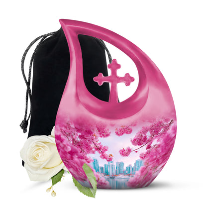 Pastel Pink Cherry Blossom Cremation Urn top-down view of secure threaded lid - cross and cherry blossom combined in spiritual memorial design - full-size 10 inch 200 cubic inch adult cremation urn