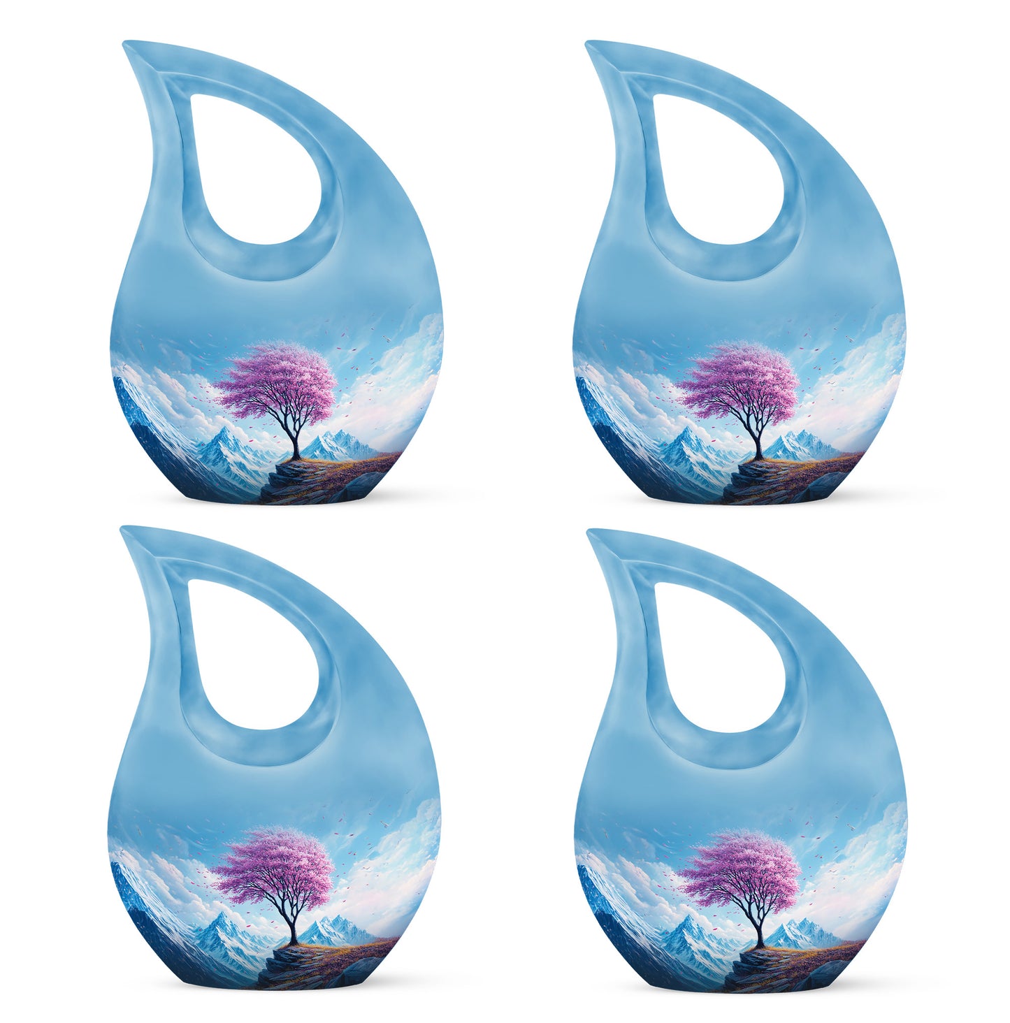 Pastel Blue Cherry Blossom Cremation Urn lifestyle display on memorial shelf - sacred cross merged with cherry blossom motif on metal - 10 inch aluminum urn for cremated remains