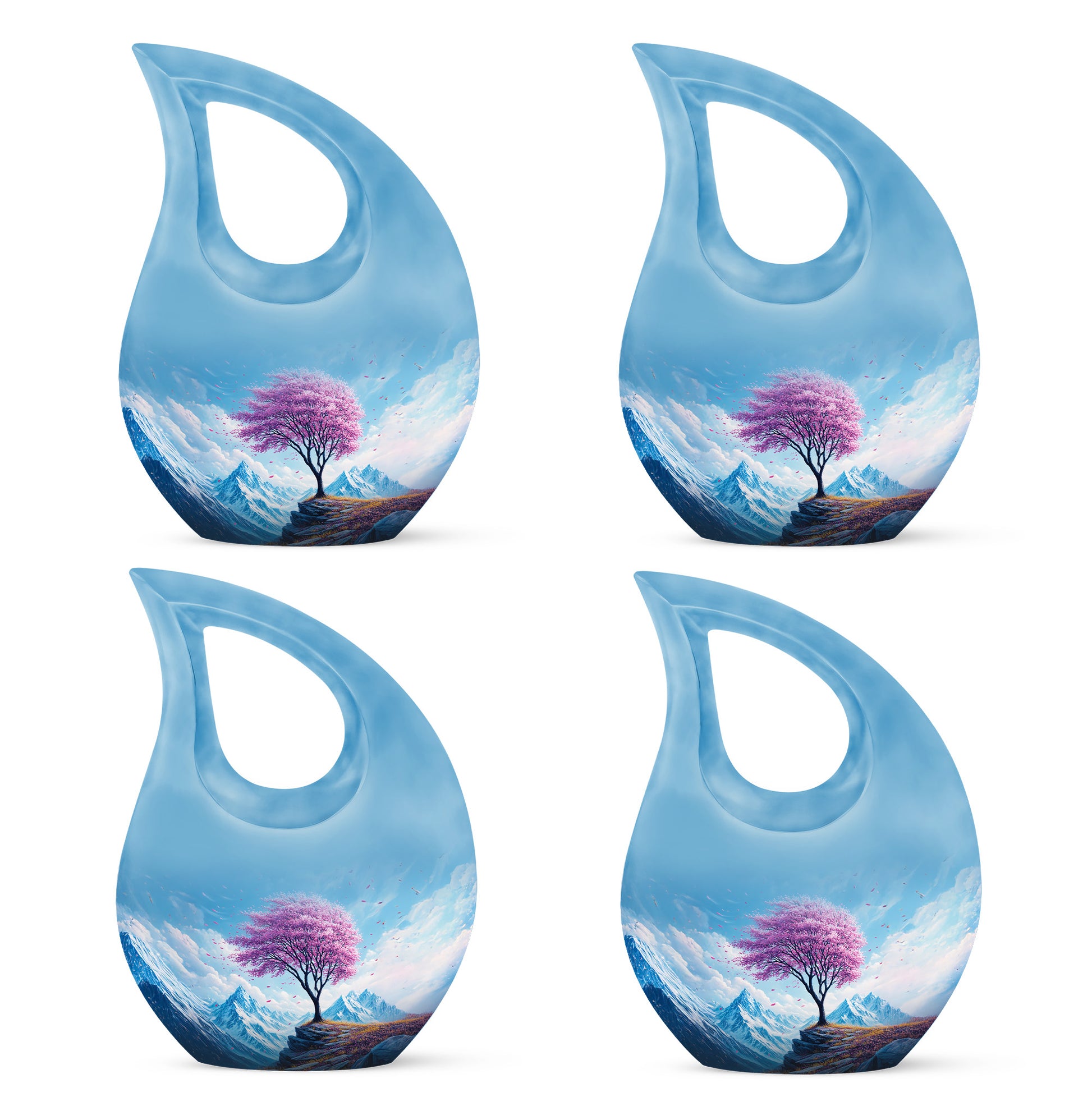 Pastel Blue Cherry Blossom Cremation Urn lifestyle display on memorial shelf - sacred cross merged with cherry blossom motif on metal - 10 inch aluminum urn for cremated remains