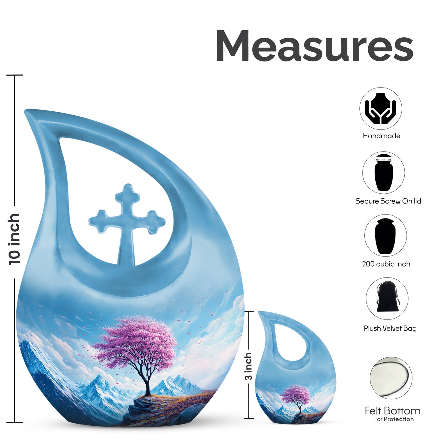 Icy Blue Cherry Blossom Cremation Urn back view with polished surface - sacred cross merged with cherry blossom motif on metal - mini keepsake memorial for portion of cremation ashes