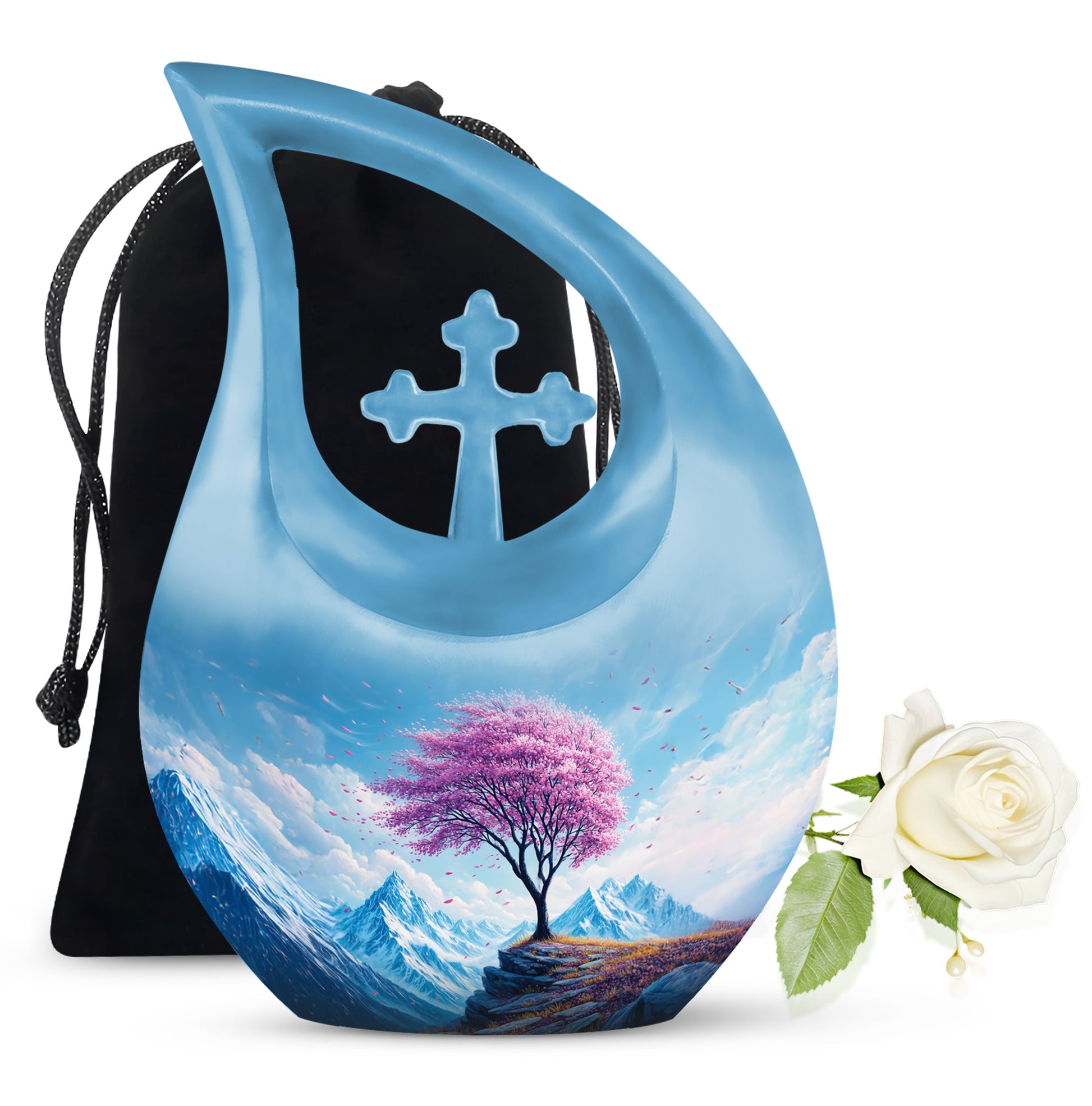 Misty Blue Cherry Blossom Cremation Urn top-down view of secure threaded lid - sacred cross merged with cherry blossom motif on metal - full-size 10 inch 200 cubic inch adult cremation urn
