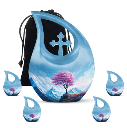 Pastel Blue Cherry Blossom Cremation Urn urn with complimentary velvet bag - sacred cross merged with cherry blossom motif on metal - memorial set with one large and four small urns