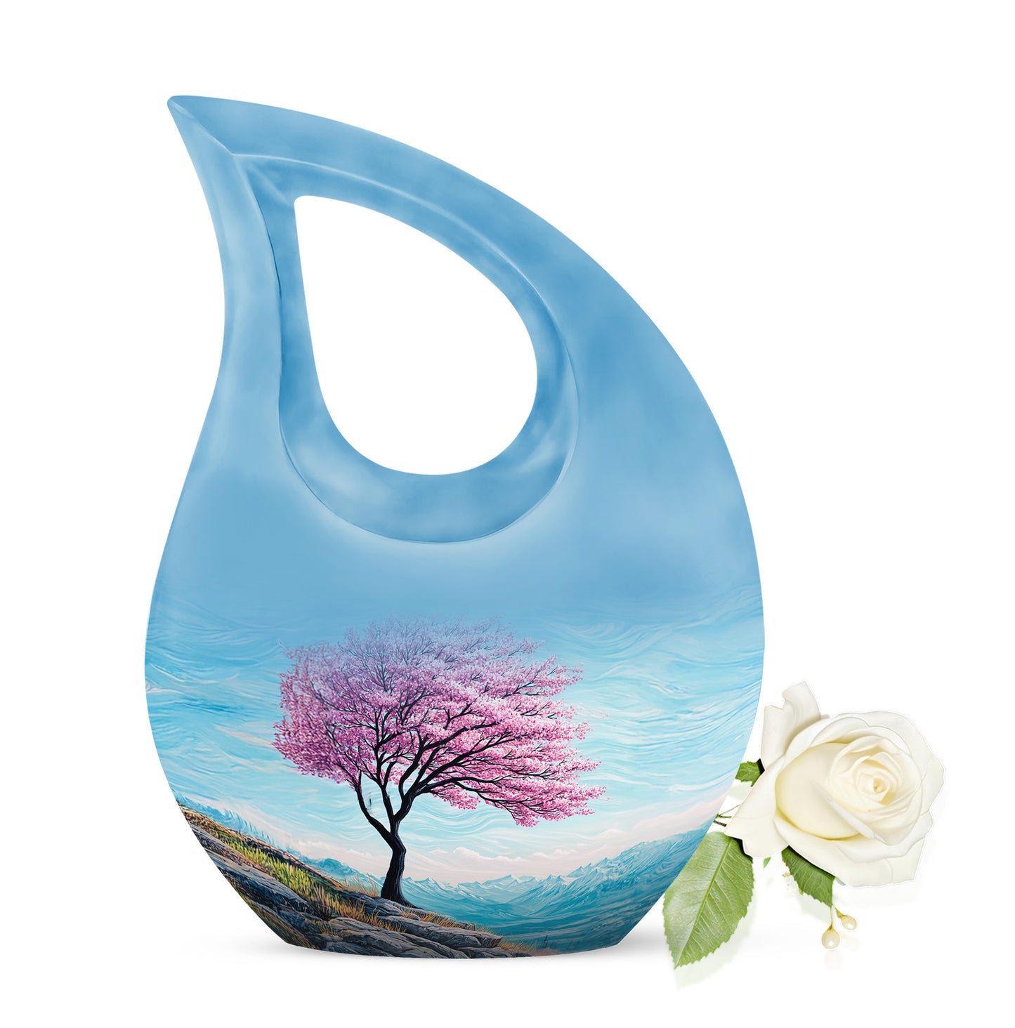 Inspiring Teal Cherry Blossom Embrace Urn for Human Ashes - 10-inch, 200 cu in - Yatskia