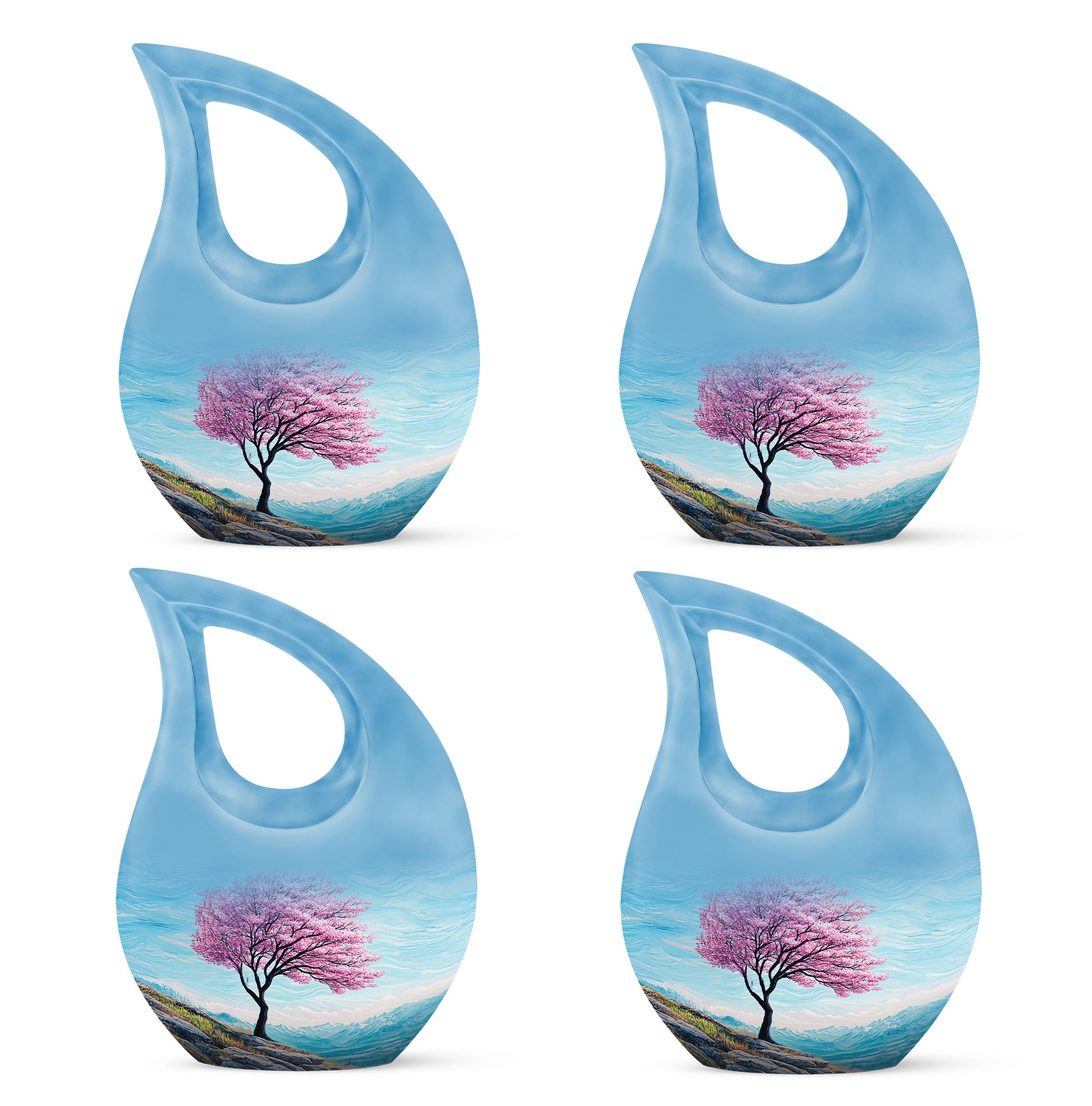 Soft Teal Cherry Blossom Cremation Urn lifestyle display on memorial shelf - cross and cherry blossom combined in spiritual memorial design - 10 inch aluminum urn for cremated remains