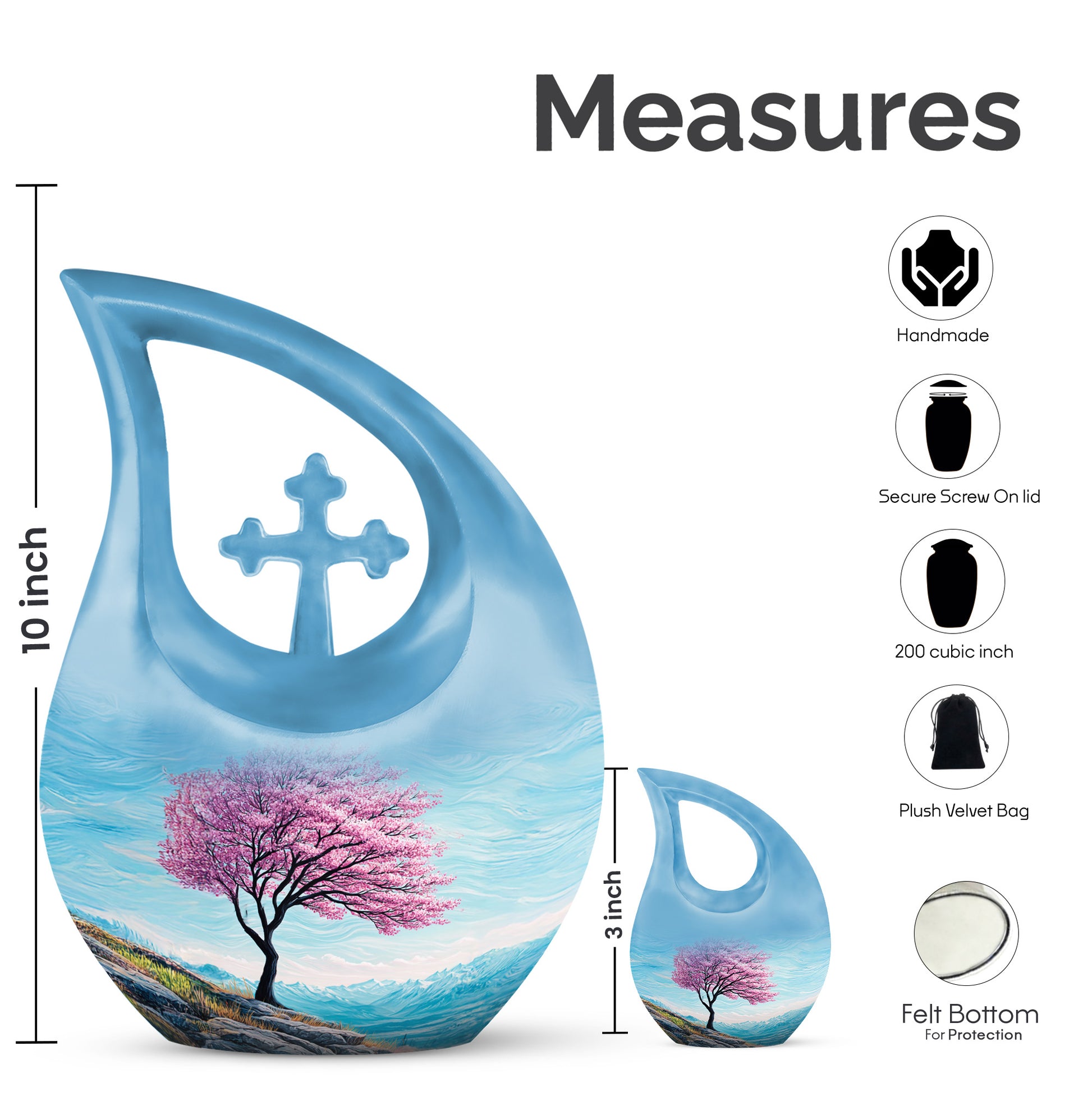 Tropical Teal Cherry Blossom Cremation Urn back view with polished surface - faith-inspired cross-drop urn with cherry blossom pattern - mini keepsake memorial for portion of cremation ashes