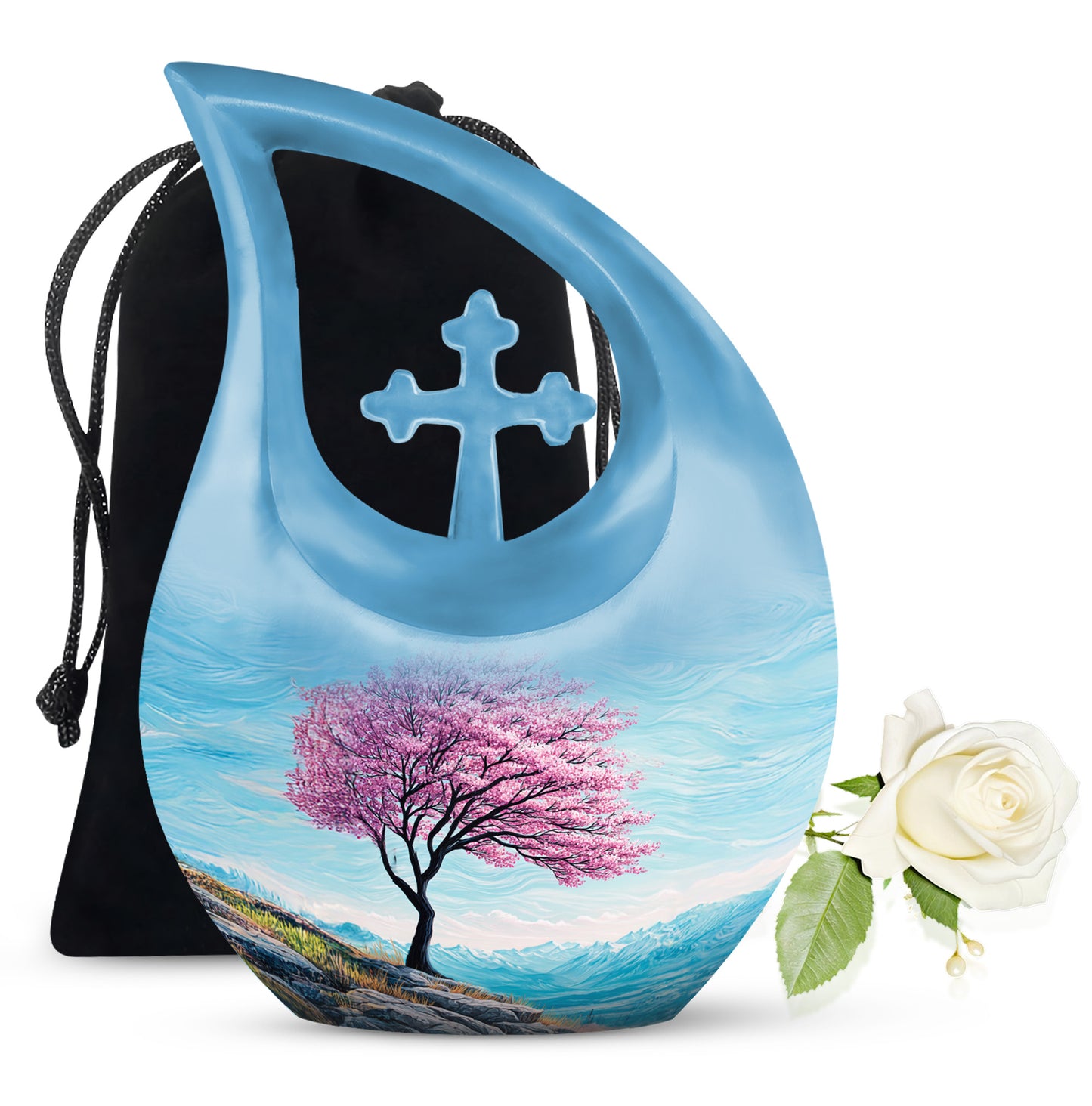 Vivid Teal Cherry Blossom Cremation Urn top-down view of secure threaded lid - devotional cross-drop cherry blossom engraving - full-size 10 inch 200 cubic inch adult cremation urn