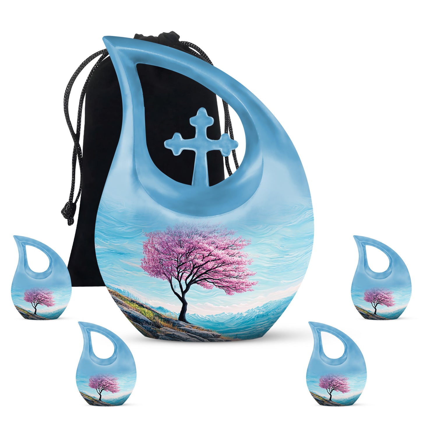 Vivid Teal Cherry Blossom Cremation Urn urn with complimentary velvet bag - faith-inspired cross-drop urn with cherry blossom pattern - memorial set with one large and four small urns