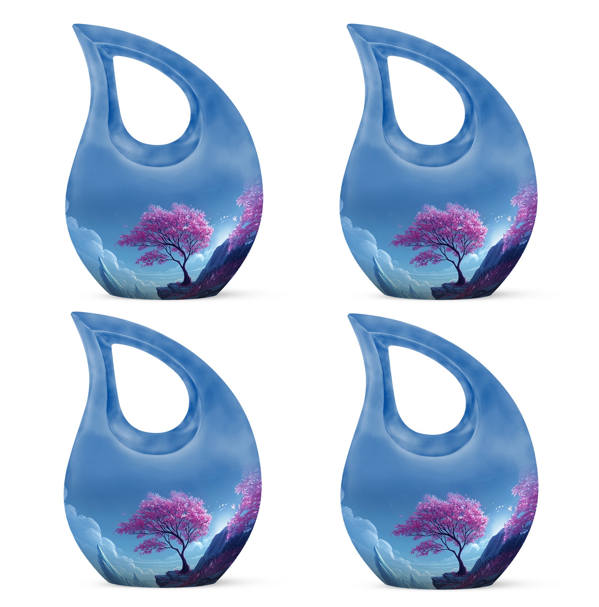 Cobalt Blue Cherry Blossom Cremation Urn lifestyle display on memorial shelf - devotional cross-drop cherry blossom engraving - 10 inch aluminum urn for cremated remains