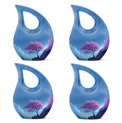Cobalt Blue Cherry Blossom Cremation Urn lifestyle display on memorial shelf - devotional cross-drop cherry blossom engraving - 10 inch aluminum urn for cremated remains