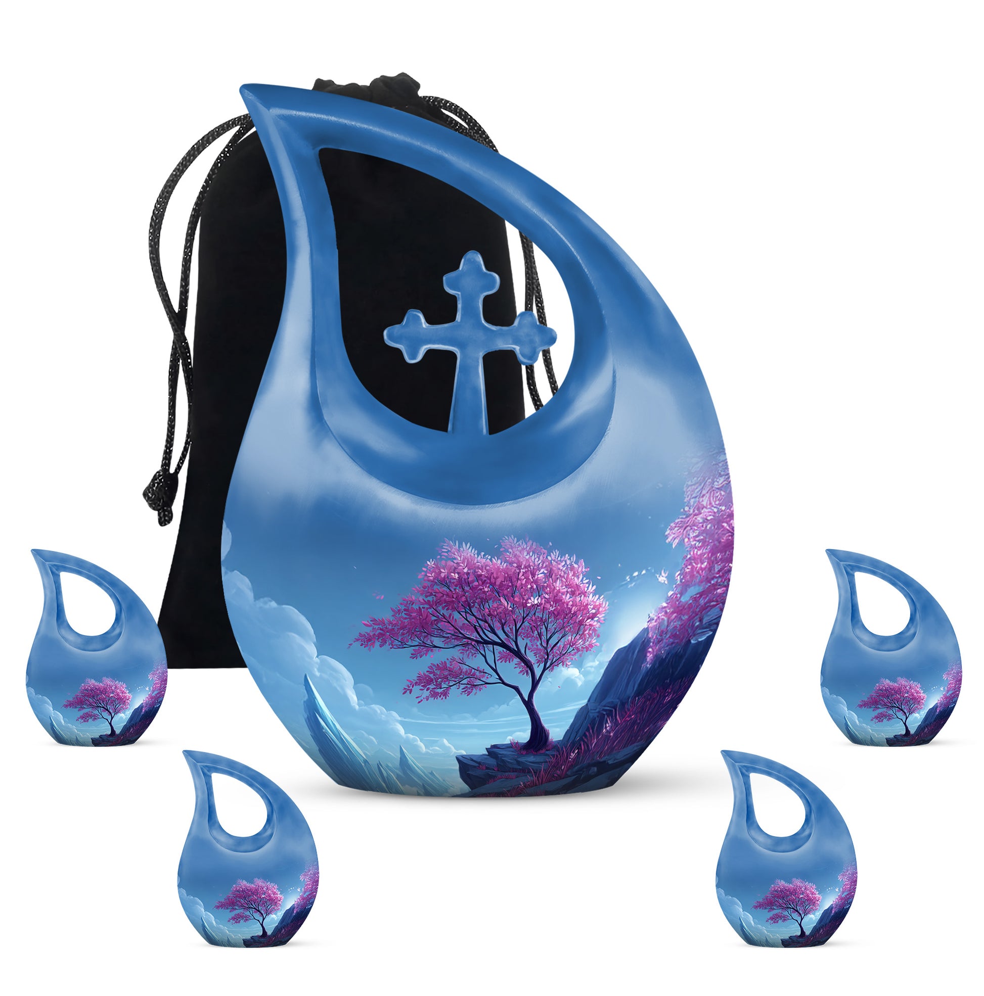 Navy Blue Cherry Blossom Cremation Urn urn with complimentary velvet bag - sacred cross merged with cherry blossom motif on metal - memorial set with one large and four small urns