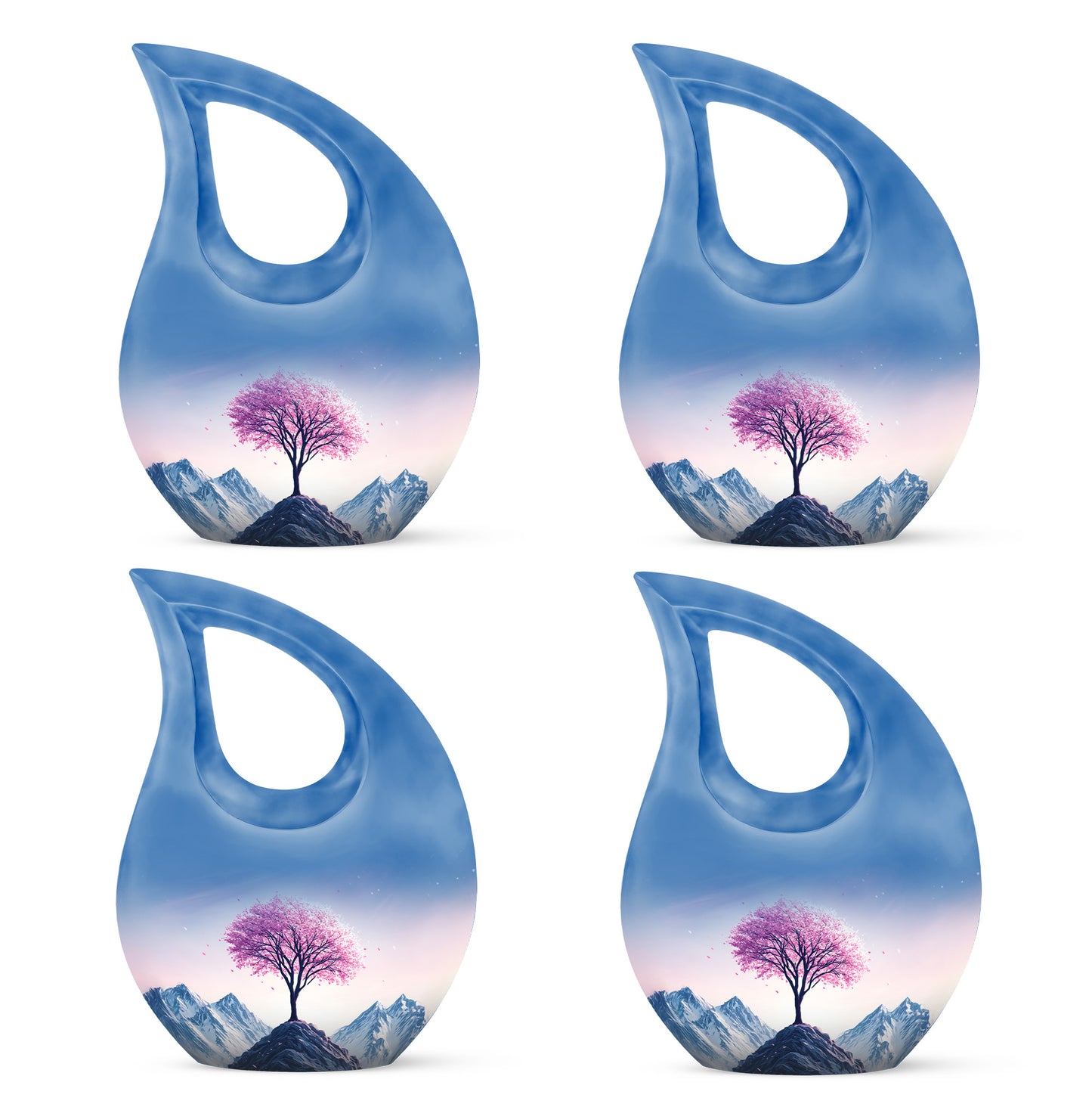 Petal Pink Cherry Blossom Cremation Urn lifestyle display on memorial shelf - devotional cross-drop cherry blossom engraving - 10 inch aluminum urn for cremated remains
