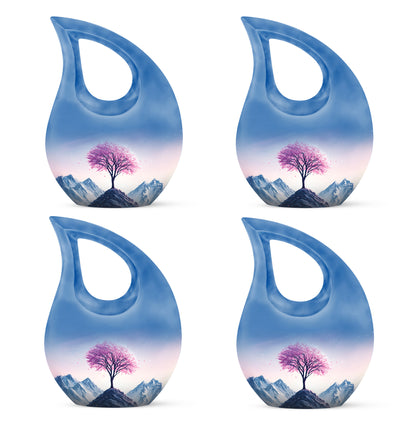 Petal Pink Cherry Blossom Cremation Urn lifestyle display on memorial shelf - devotional cross-drop cherry blossom engraving - 10 inch aluminum urn for cremated remains