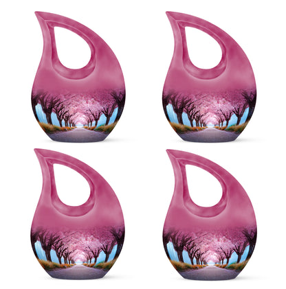 Petal Pink Cherry Blossom Cremation Urn lifestyle display on memorial shelf - devotional cross-drop cherry blossom engraving - 10 inch aluminum urn for cremated remains