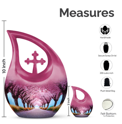 Pastel Pink Cherry Blossom Cremation Urn back view with polished surface - cross and cherry blossom combined in spiritual memorial design - mini keepsake memorial for portion of cremation ashes