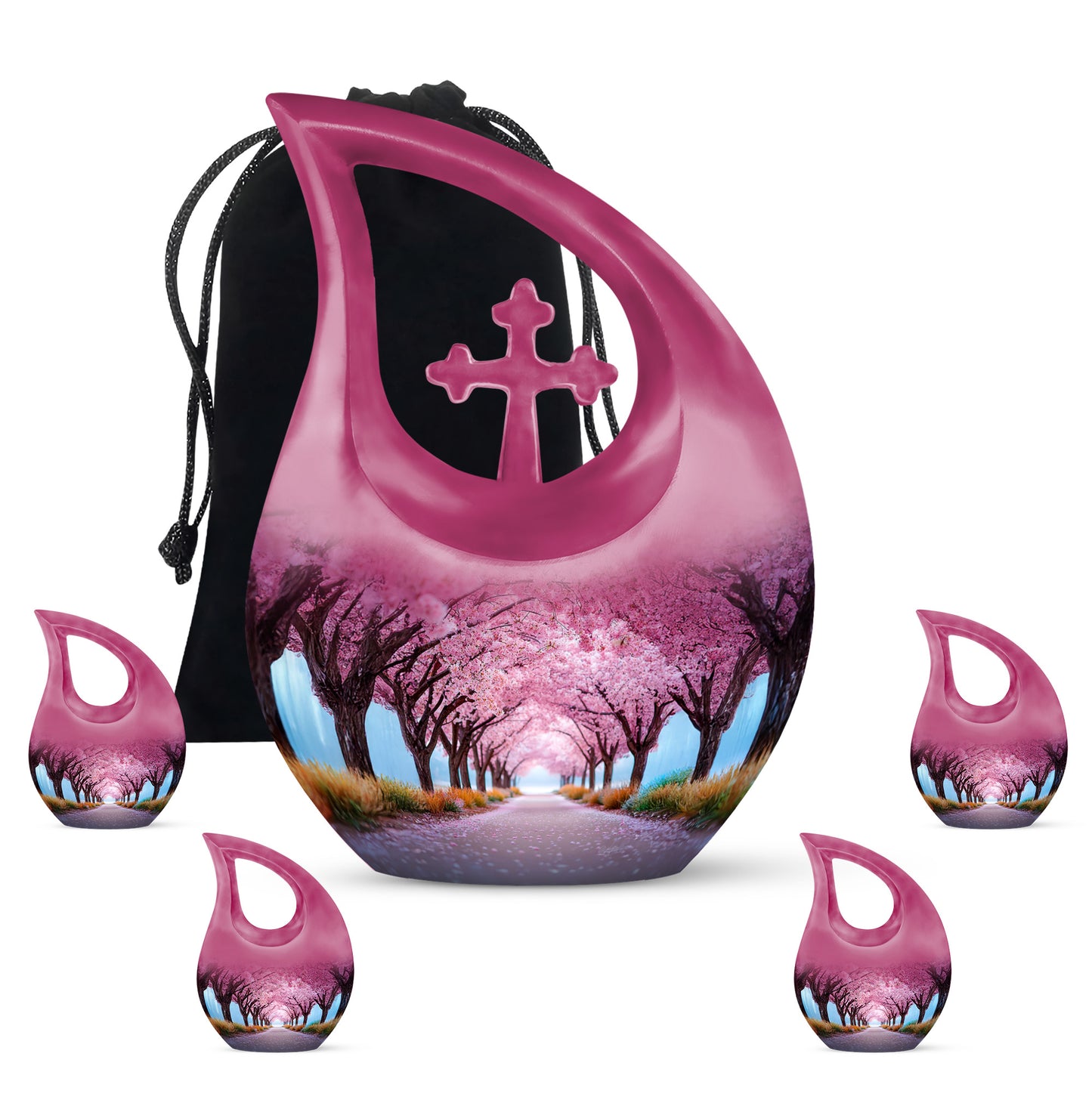 Peony Pink Cherry Blossom Cremation Urn urn with complimentary velvet bag - cross and cherry blossom combined in spiritual memorial design - memorial set with one large and four small urns