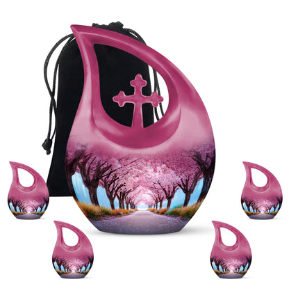 Peony Pink Cherry Blossom Cremation Urn urn with complimentary velvet bag - cross and cherry blossom combined in spiritual memorial design - memorial set with one large and four small urns