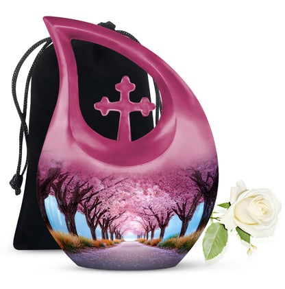 Vintage Pink Cherry Blossom Cremation Urn top-down view of secure threaded lid - faith-inspired cross-drop urn with cherry blossom pattern - full-size 10 inch 200 cubic inch adult cremation urn