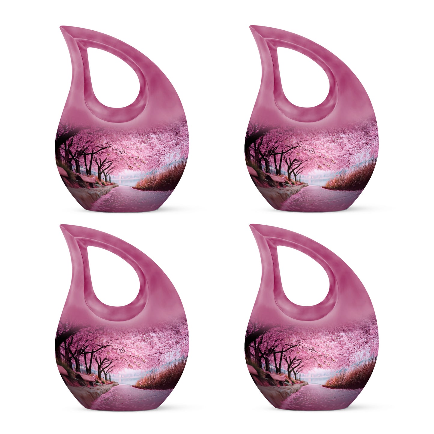 Dusty Pink Cherry Blossom Cremation Urn lifestyle display on memorial shelf - devotional cross-drop cherry blossom engraving - 10 inch aluminum urn for cremated remains