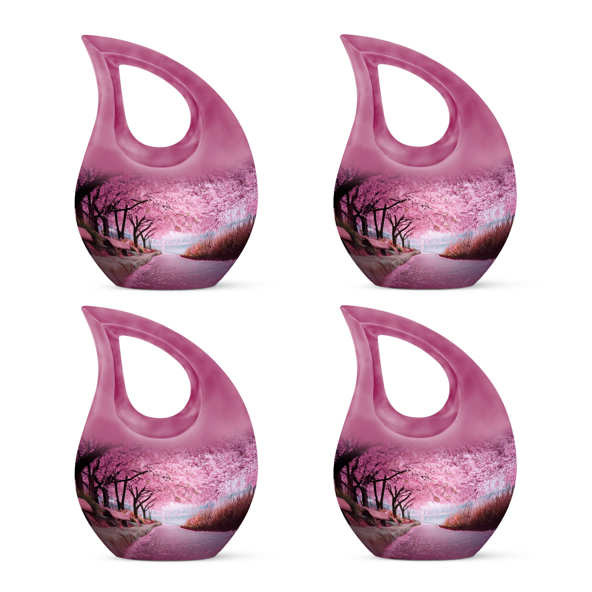 Dusty Pink Cherry Blossom Cremation Urn lifestyle display on memorial shelf - devotional cross-drop cherry blossom engraving - 10 inch aluminum urn for cremated remains