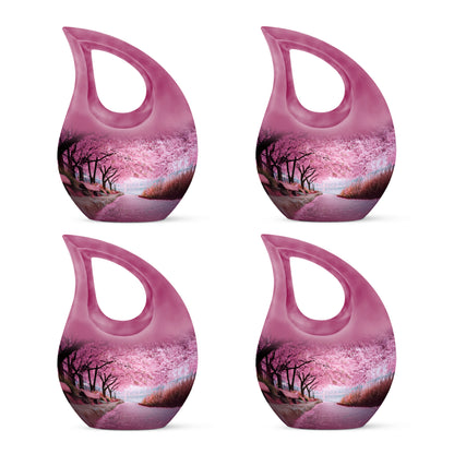 Dusty Pink Cherry Blossom Cremation Urn lifestyle display on memorial shelf - devotional cross-drop cherry blossom engraving - 10 inch aluminum urn for cremated remains
