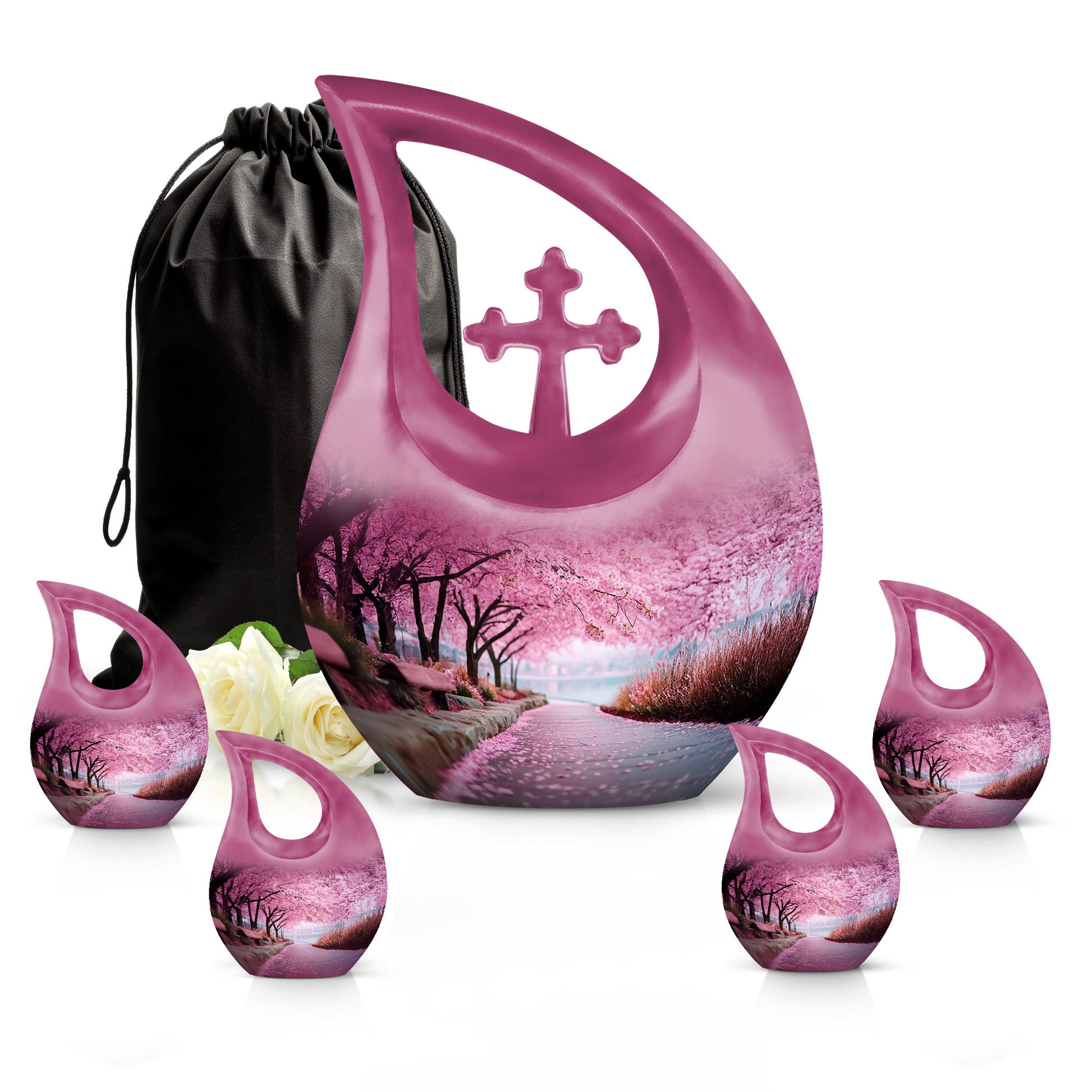 Dusty Pink Cherry Blossom Cremation Urn urn with complimentary velvet bag - faith-inspired cross-drop urn with cherry blossom pattern - memorial set with one large and four small urns