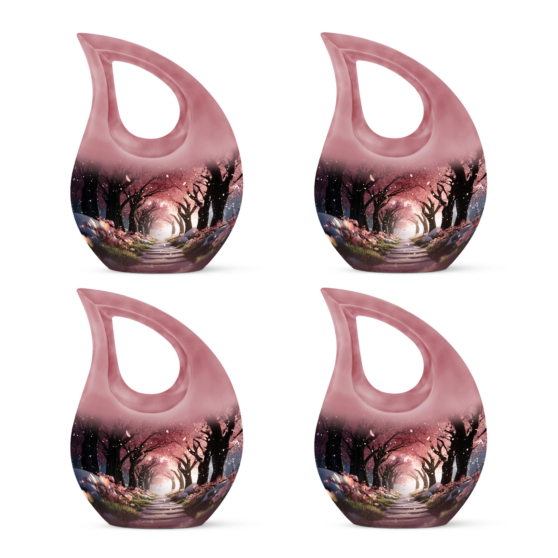 Ruby Red Cherry Blossom Cremation Urn lifestyle display on memorial shelf - faith-inspired cross-drop urn with cherry blossom pattern - 10 inch aluminum urn for cremated remains