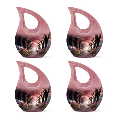 Ruby Red Cherry Blossom Cremation Urn lifestyle display on memorial shelf - faith-inspired cross-drop urn with cherry blossom pattern - 10 inch aluminum urn for cremated remains