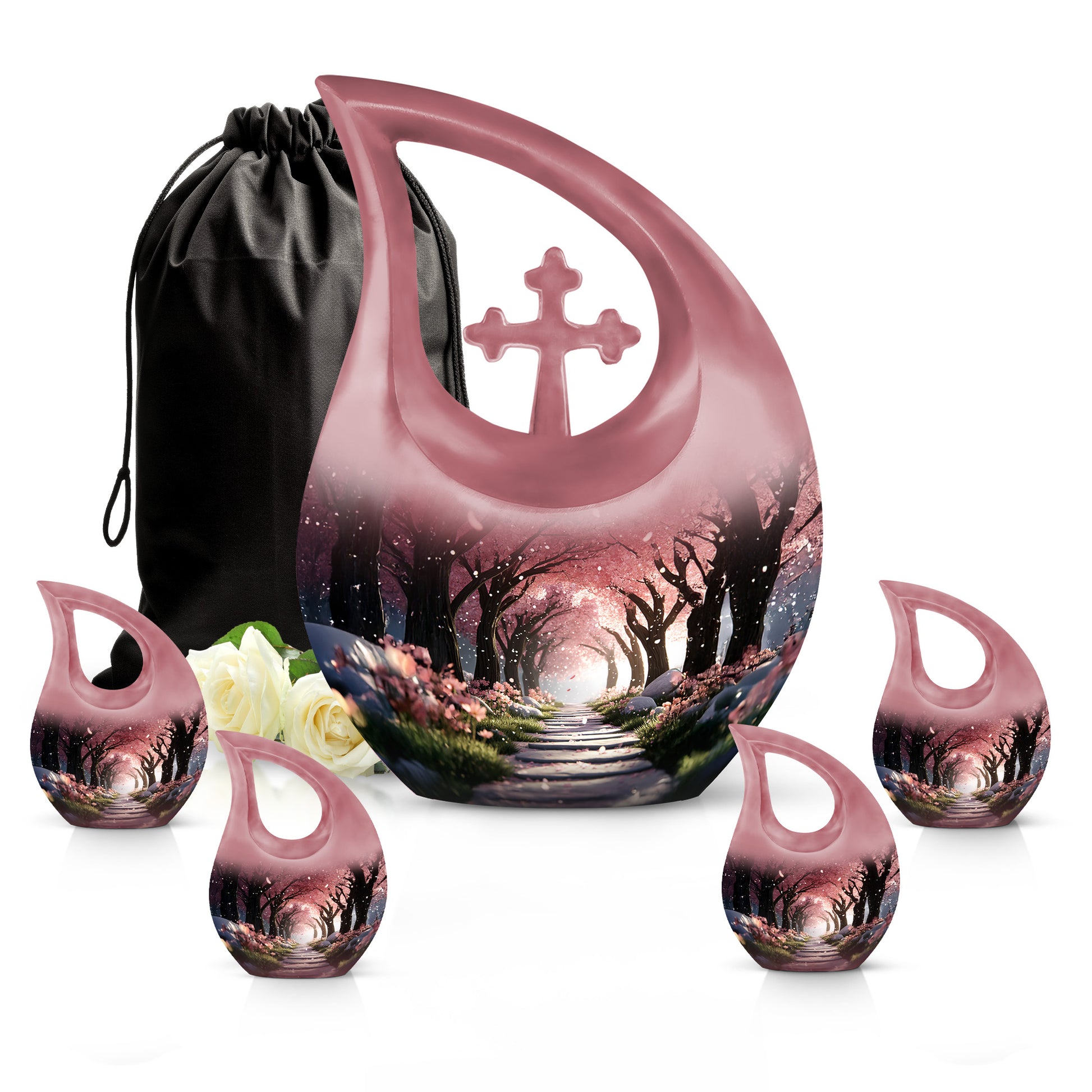 Cherry Red Cherry Blossom Cremation Urn urn with complimentary velvet bag - devotional cross-drop cherry blossom engraving - memorial set with one large and four small urns