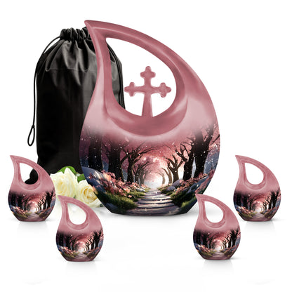 Cherry Red Cherry Blossom Cremation Urn urn with complimentary velvet bag - devotional cross-drop cherry blossom engraving - memorial set with one large and four small urns