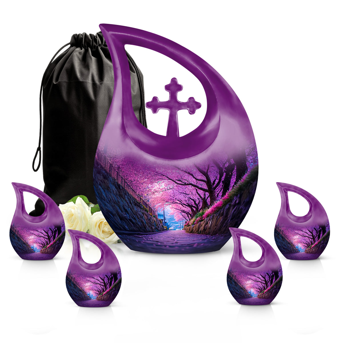 Royal Purple Cherry Blossom Cremation Urn urn with complimentary velvet bag - devotional cross-drop cherry blossom engraving - memorial set with one large and four small urns