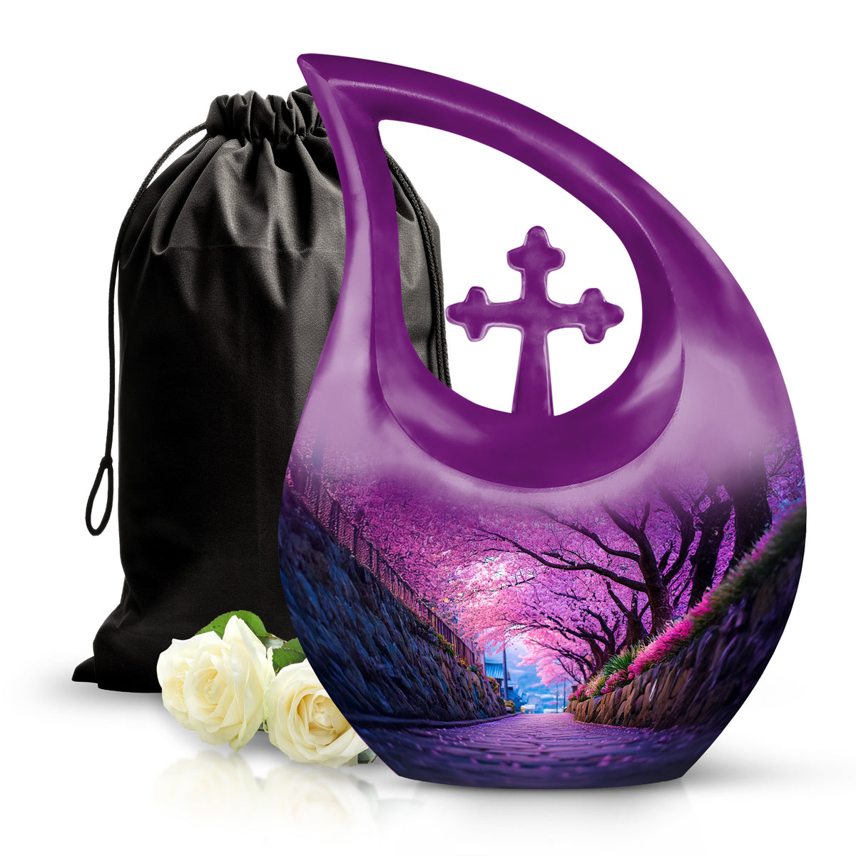 Lavender Purple Cherry Blossom Cremation Urn top-down view of secure threaded lid - devotional cross-drop cherry blossom engraving - full-size 10 inch 200 cubic inch adult cremation urn