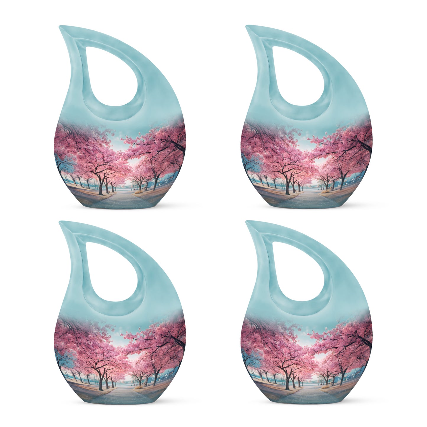 Sea Green Teal Cherry Blossom Cremation Urn lifestyle display on memorial shelf - sacred cross merged with cherry blossom motif on metal - 10 inch aluminum urn for cremated remains