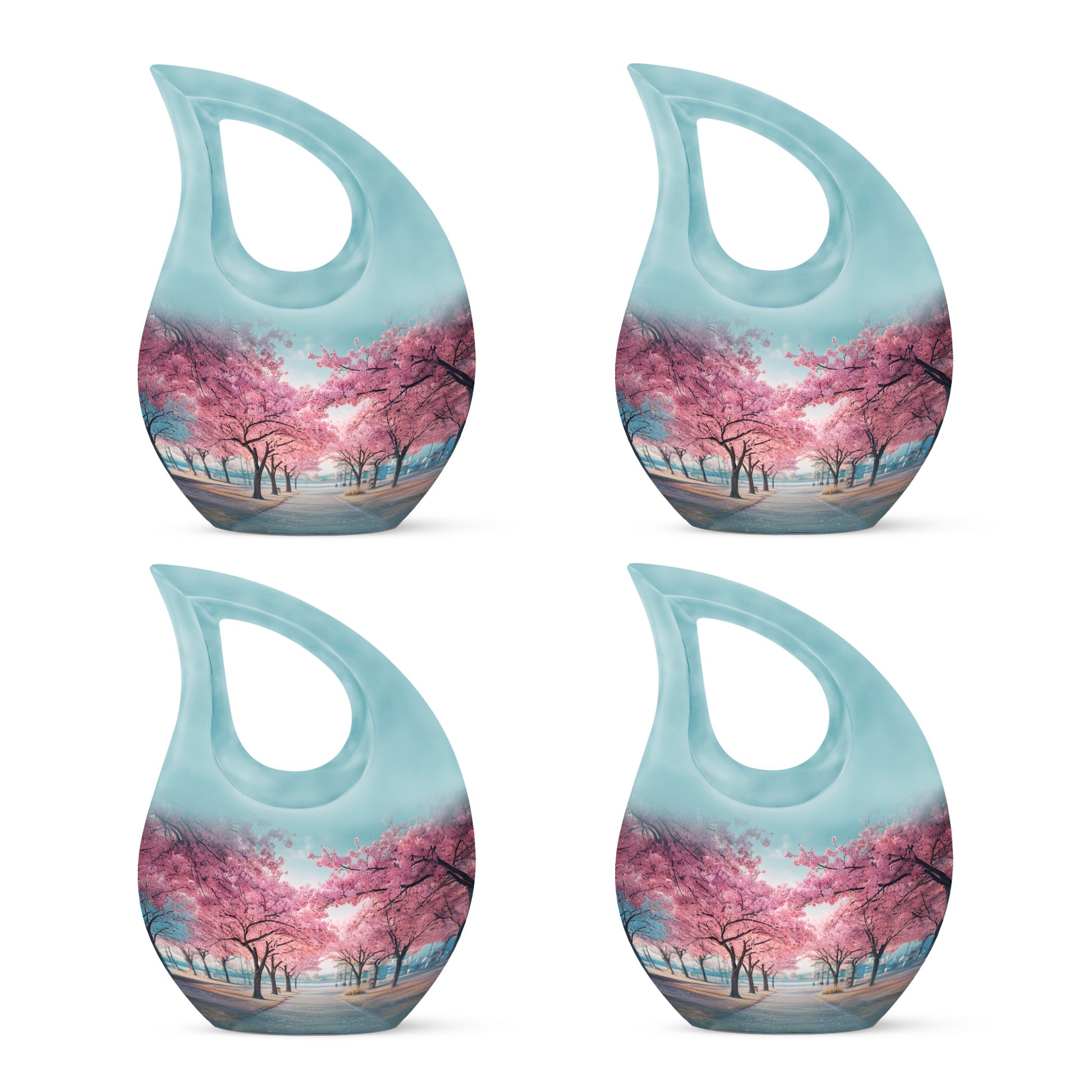Sea Green Teal Cherry Blossom Cremation Urn lifestyle display on memorial shelf - sacred cross merged with cherry blossom motif on metal - 10 inch aluminum urn for cremated remains