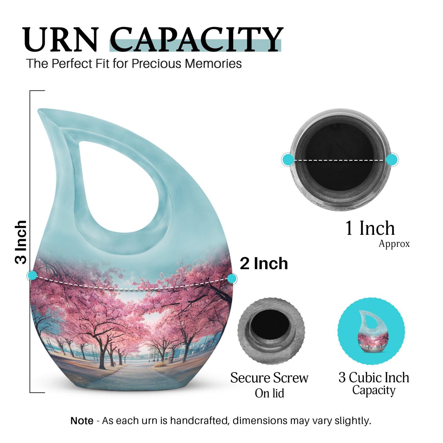 Vivid Teal Cherry Blossom Cremation Urn back view with polished surface - devotional cross-drop cherry blossom engraving - mini keepsake memorial for portion of cremation ashes