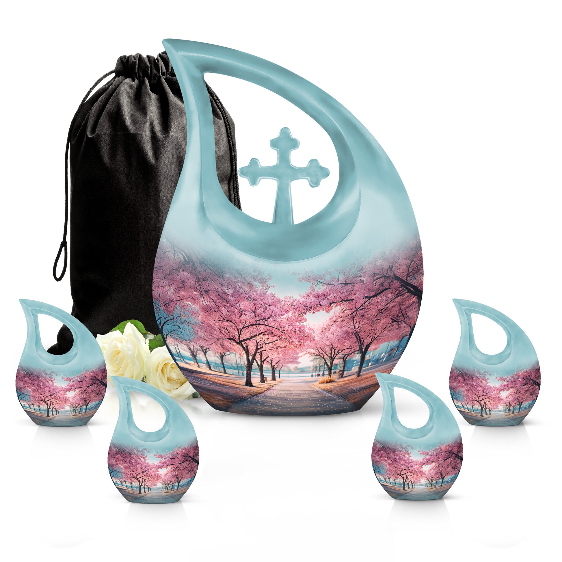 Mystic Teal Cherry Blossom Cremation Urn urn with complimentary velvet bag - faith-inspired cross-drop urn with cherry blossom pattern - memorial set with one large and four small urns