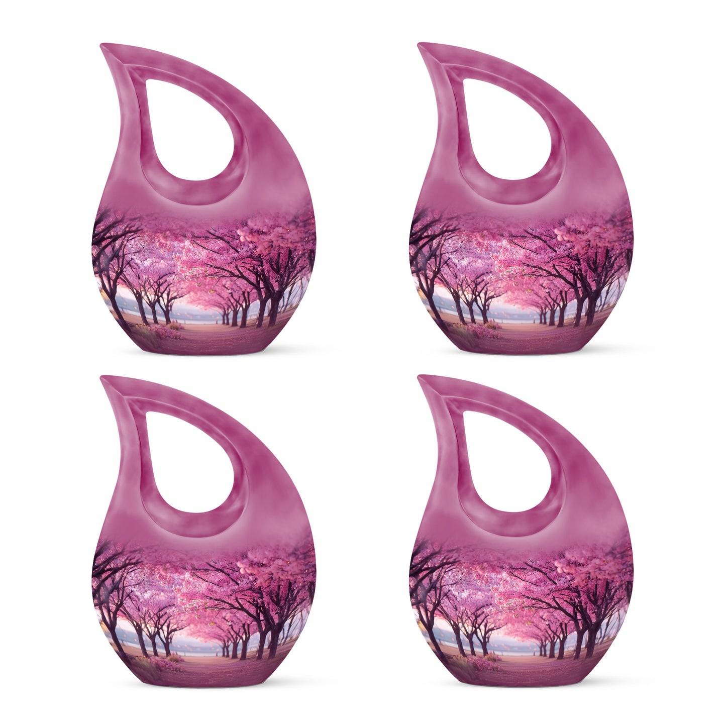 Coral Pink Cherry Blossom Cremation Urn lifestyle display on memorial shelf - cross and cherry blossom combined in spiritual memorial design - 10 inch aluminum urn for cremated remains