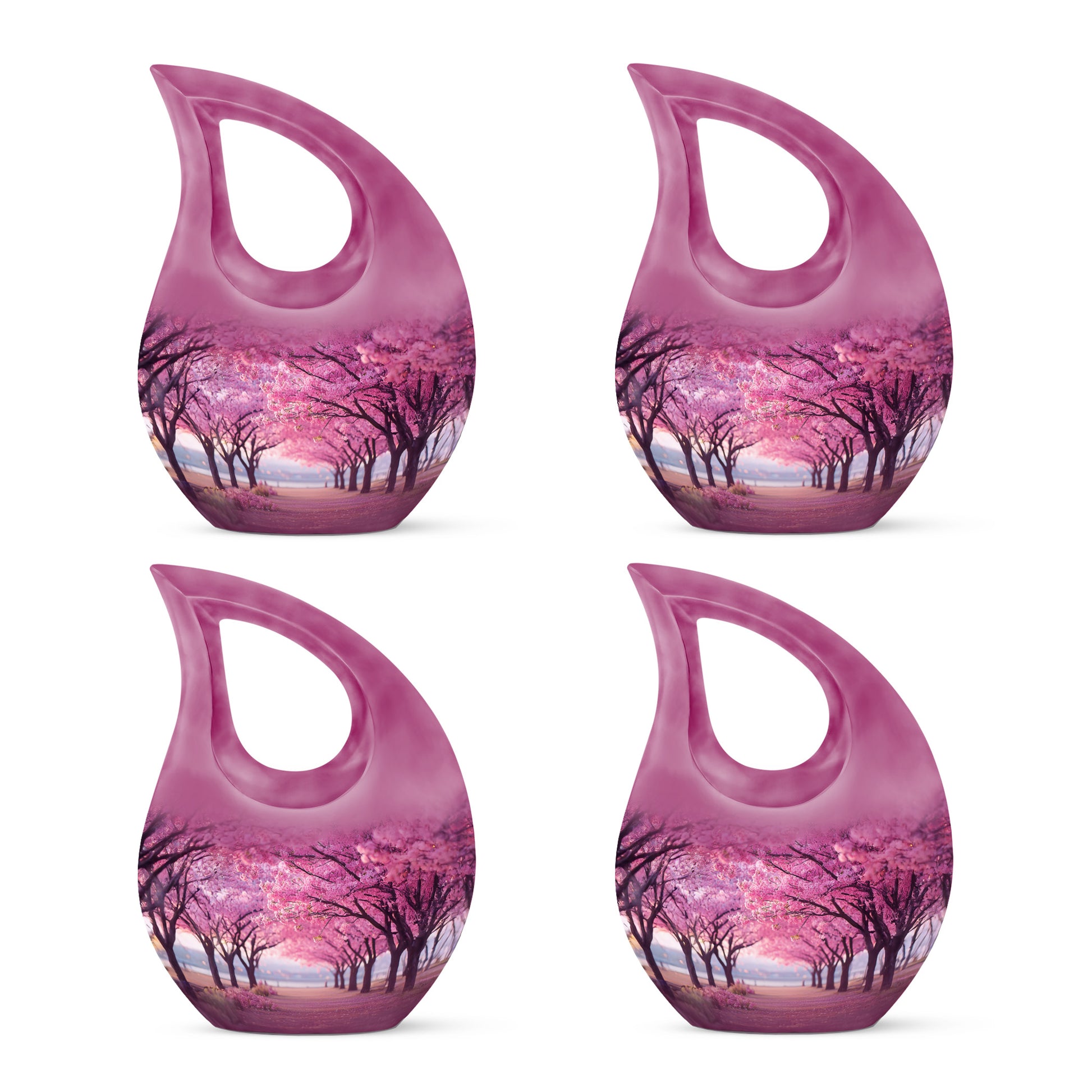 Coral Pink Cherry Blossom Cremation Urn lifestyle display on memorial shelf - cross and cherry blossom combined in spiritual memorial design - 10 inch aluminum urn for cremated remains
