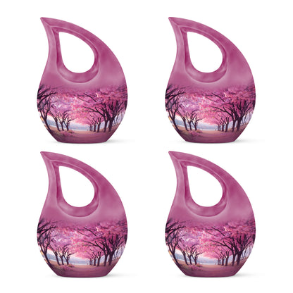 Coral Pink Cherry Blossom Cremation Urn lifestyle display on memorial shelf - cross and cherry blossom combined in spiritual memorial design - 10 inch aluminum urn for cremated remains