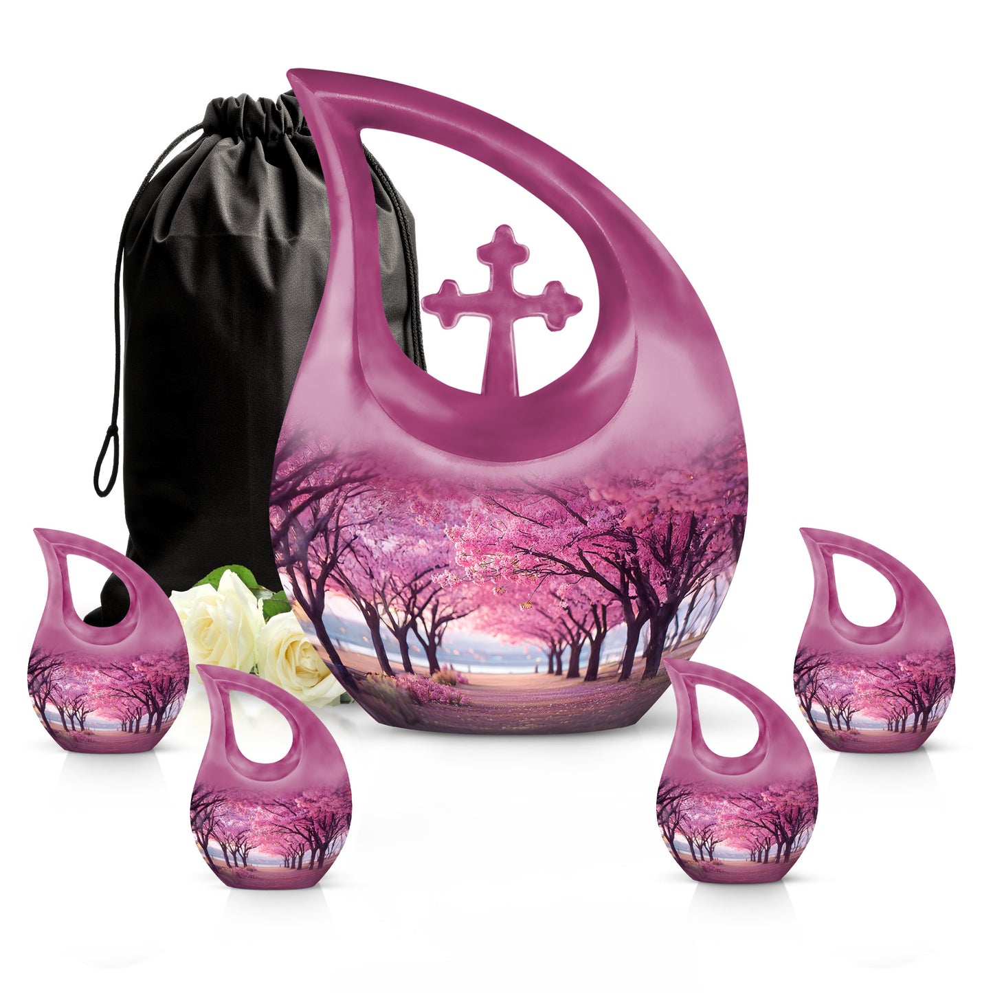 Dusty Pink Cherry Blossom Cremation Urn urn with complimentary velvet bag - devotional cross-drop cherry blossom engraving - memorial set with one large and four small urns
