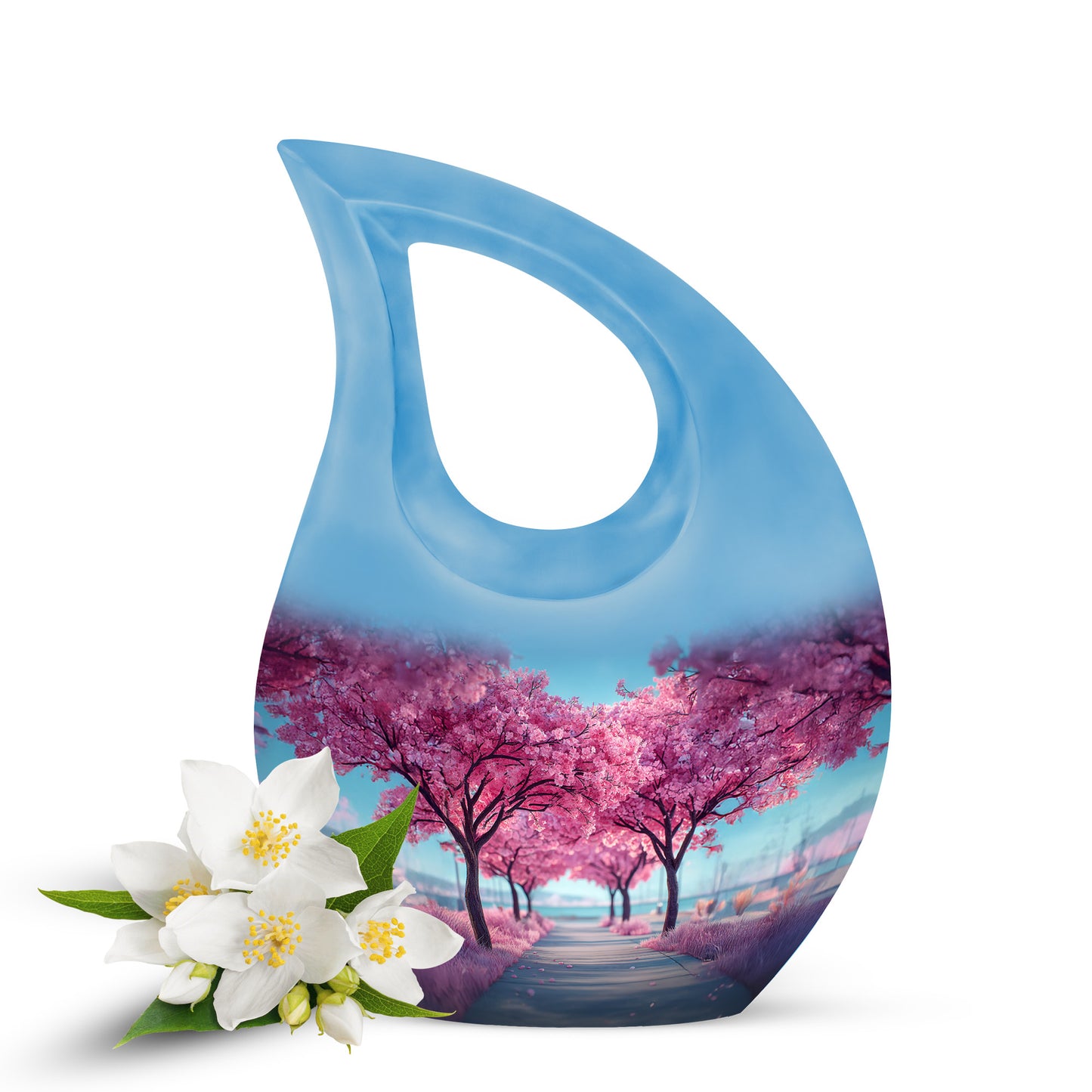 Stunning Blue Cherry Blossom Honor Urn for Human Ashes - 10-inch, 200 cu in - Yatskia