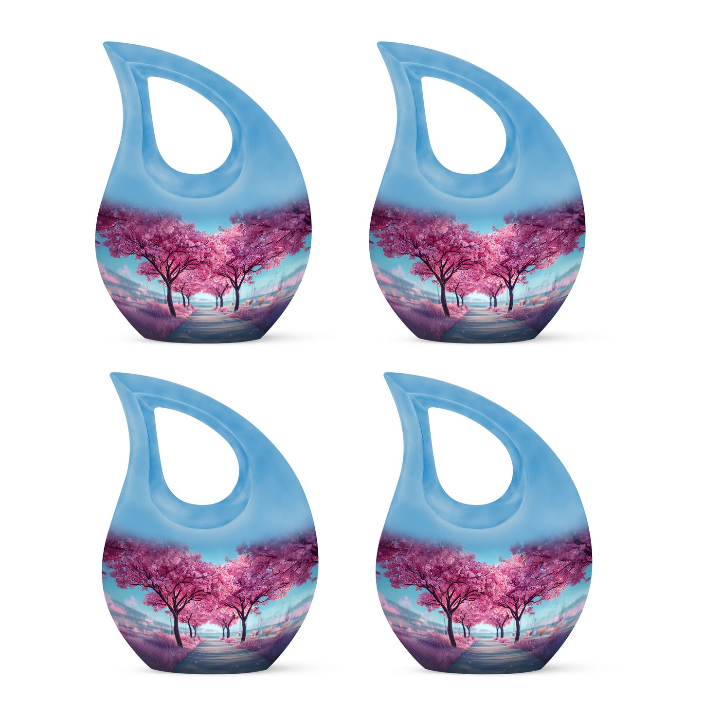 Vivid Blue Cherry Blossom Cremation Urn lifestyle display on memorial shelf - faith-inspired cross-drop urn with cherry blossom pattern - 10 inch aluminum urn for cremated remains