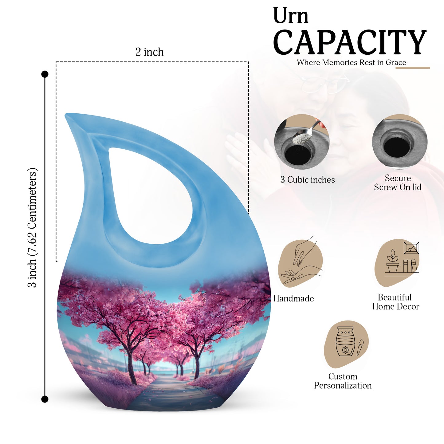 Icy Blue Cherry Blossom Cremation Urn back view with polished surface - sacred cross merged with cherry blossom motif on metal - mini keepsake memorial for portion of cremation ashes