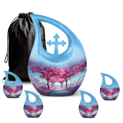 Serene Blue Cherry Blossom Cremation Urn urn with complimentary velvet bag - devotional cross-drop cherry blossom engraving - memorial set with one large and four small urns