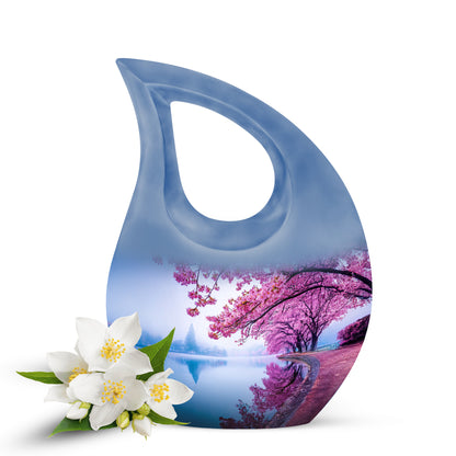 Blue Resounding Cherry Blossom Memorial Urn for Ashes - 10-inch, 200 cu in - Yatskia