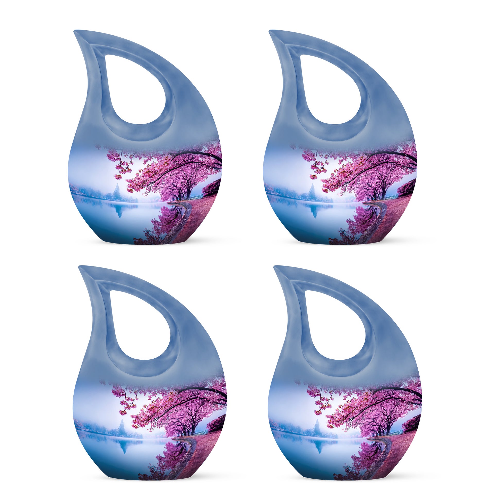 Misty Blue Cherry Blossom Cremation Urn lifestyle display on memorial shelf - sacred cross merged with cherry blossom motif on metal - 10 inch aluminum urn for cremated remains